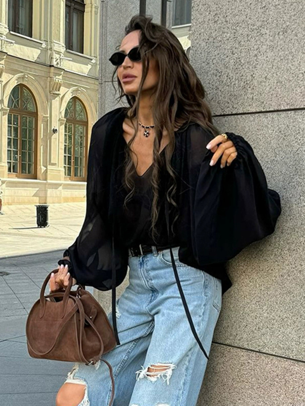 Forever 21 Black Chiffon Lantern Sleeve Pullover Blouse Spring